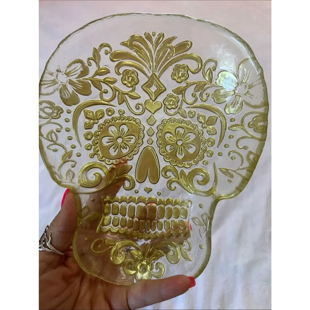 Sugar Skull Art Dish Gold Decorative Glass Serveware